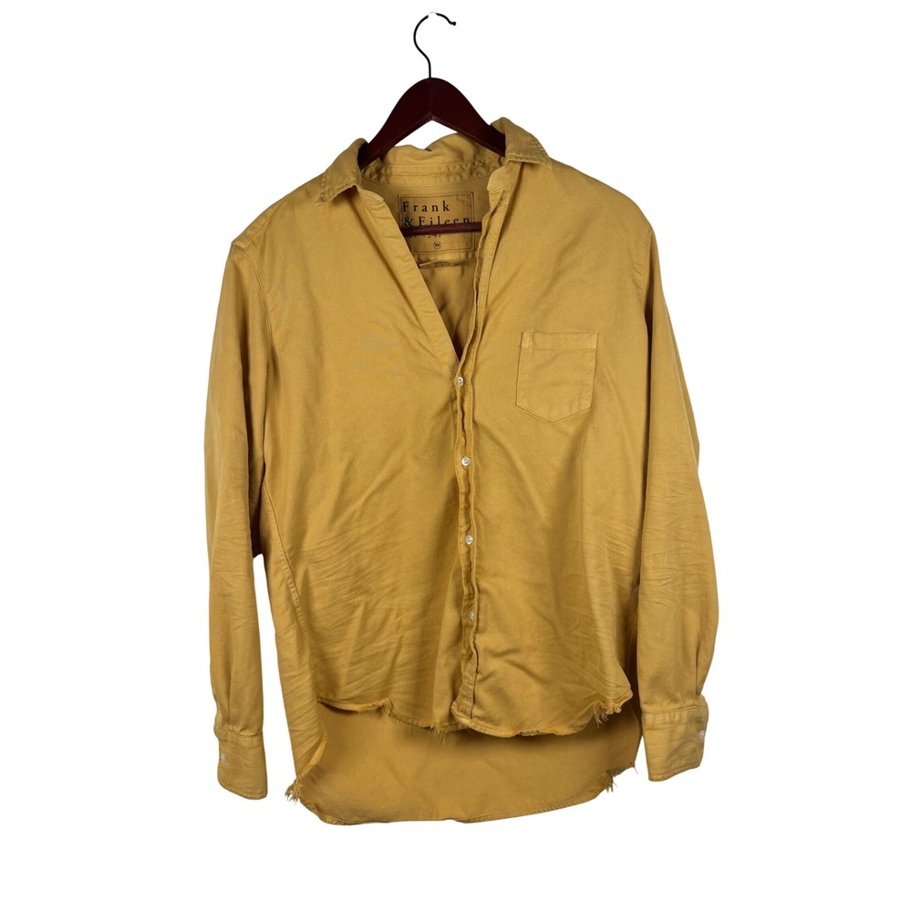 Frank & Eileen Button Up XS Eileen Mustard Yellow Raw Hem Woven Italy